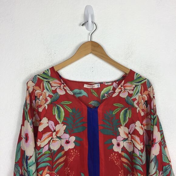 Johnny Was Evy Red Floral 100% Silk Blouse Medium Balloon Sleeve Lightweight - Picture 4 of 14